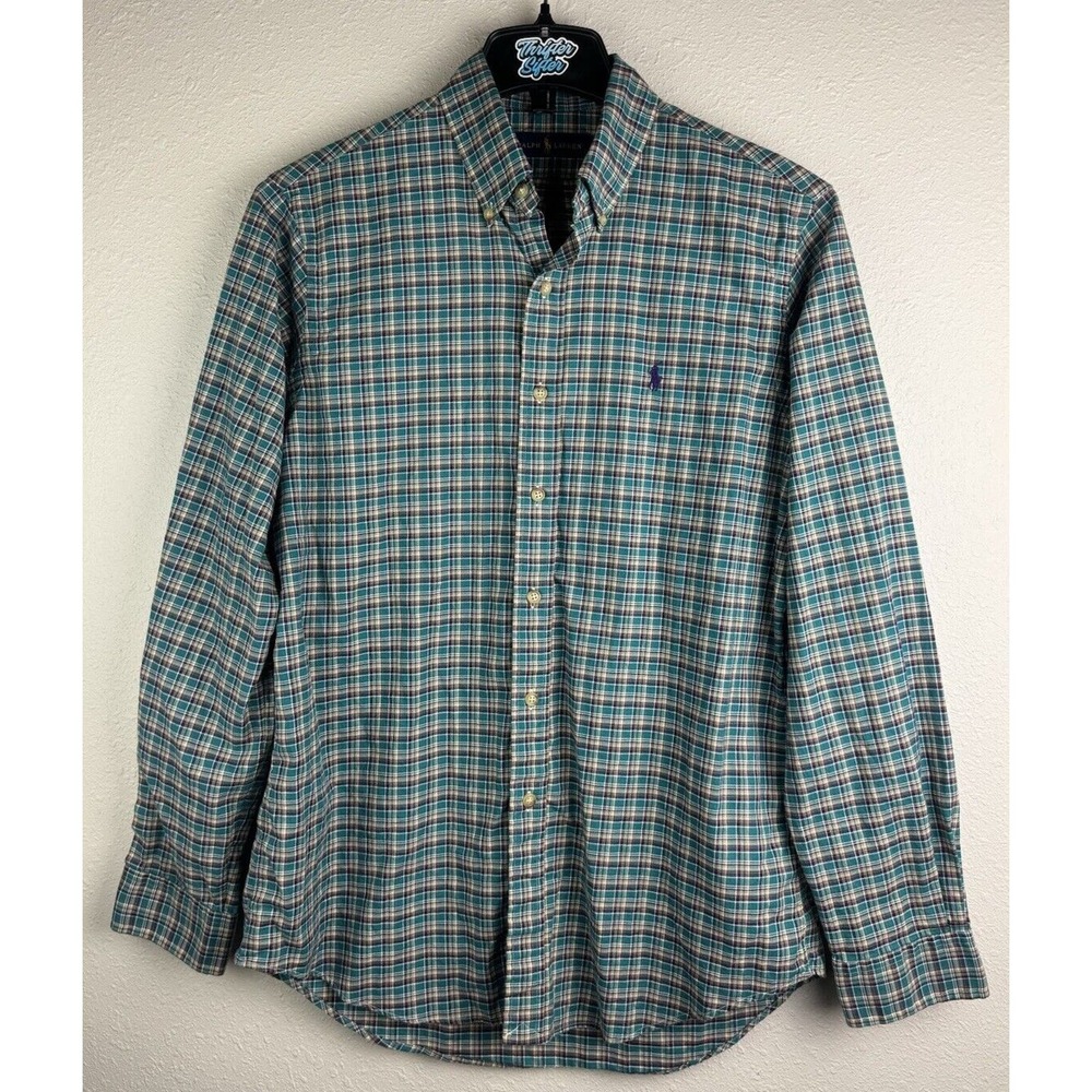 Ralph Lauren Men's Medium Teal Plaid 100% Cotton Long Sleeve Button Up Shirt